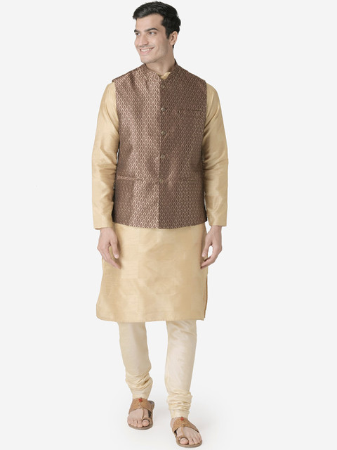 

TABARD Men Brown & Cream-Coloured Solid Kurta with Churidar & Nehru Jacket