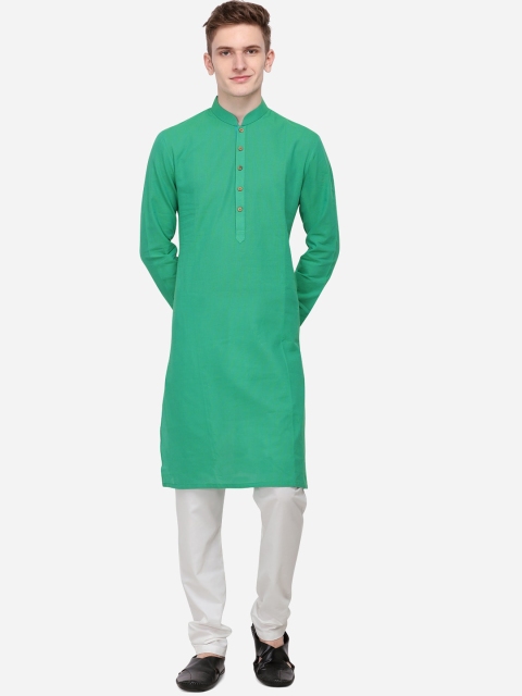 

azania Men Green Striped Straight Kurta