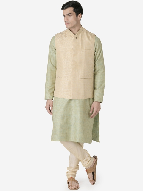 TABARD Men Green & Cream-Coloured Solid Kurta with Churidar & Nehru Jacket