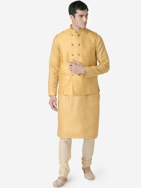 

TABARD Men Yellow & Beige Solid Kurta with Churidar & Nehru Jacket