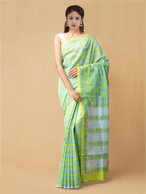 

Unnati Silks Green Cotton Printed Chanderi Saree