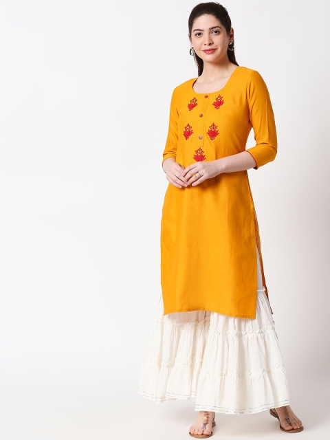 

ZRI Women Mustard & Multicoloured Yoke Design Straight Kurta