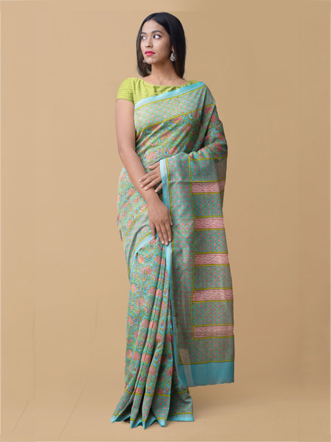 

Unnati Silks Blue Pure Cotton Printed Chanderi Saree