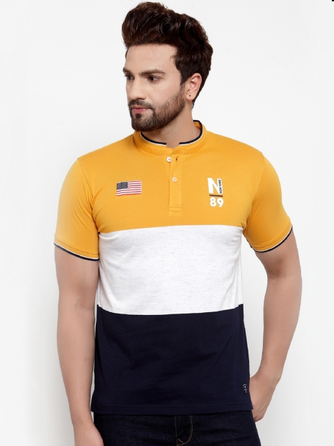 

Cantabil Men Yellow & White Colourblocked Mandarin Collar T-shirt
