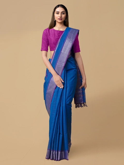 

Unnati Silks Blue Pure Cotton Solid Handloom Chettinad Saree