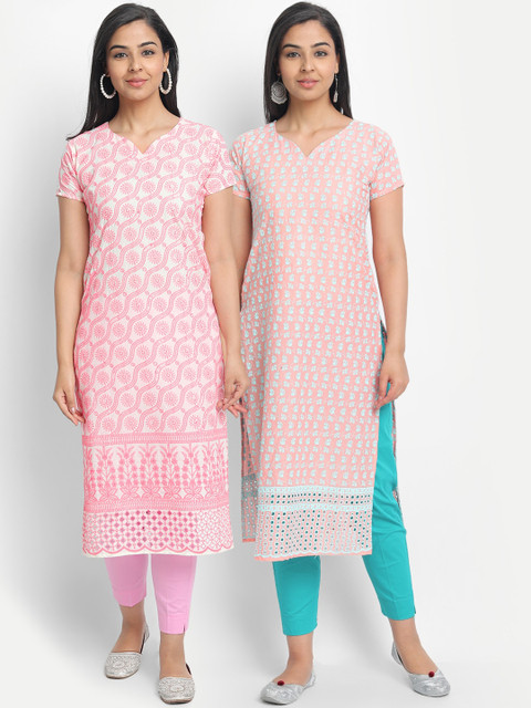 

7Threads Women Multicoloured Set of 2 Embroidered Straight Kurta, Multi