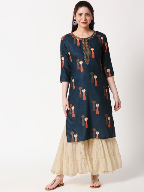 

ZRI Women Navy Blue & Multicoloured Printed A-Line Kurta