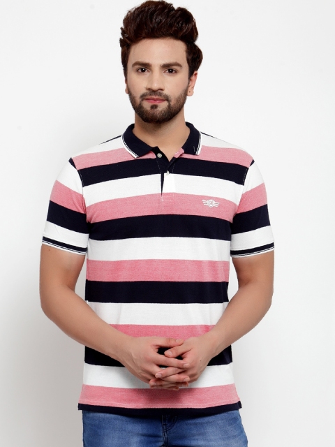 

Cantabil Men Navy Blue & Pink Striped Polo Collar T-shirt