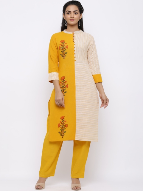 

Indi INSIDE Women Yellow & Cream Floral Printed Straight Kurta