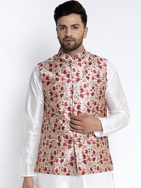 

Benstoke Men Beige & Red Printed Woven Nehru Jacket