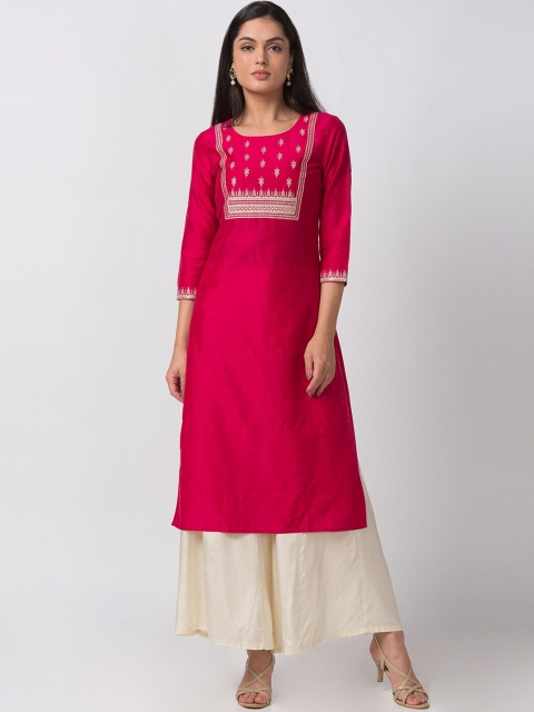 

Ethnicity Women Fuchsia Pink Yoke Design Straight Kurta