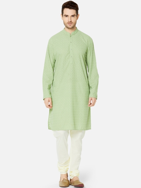 

Ethnicity Men Green & White Woven Design Kurta with Churidar