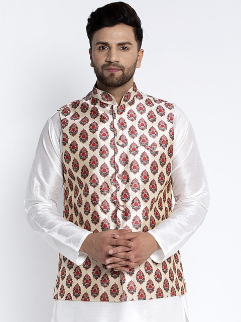 

Benstoke Men Cream-Coloured & Red Woven Printed Nehru Jacket