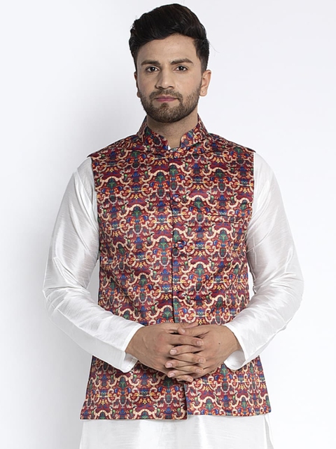 

Benstoke Men Maroon & Beige Printed Woven Nehru Jacket