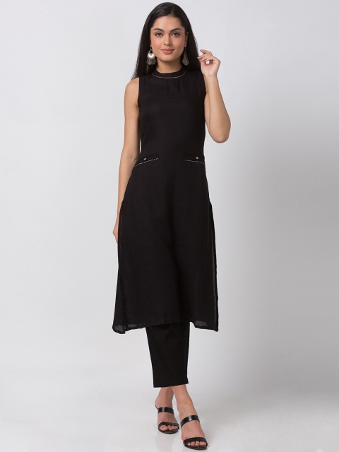 

Ethnicity Women Black Solid A-Line Kurta