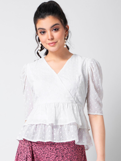

FabAlley Women White Self Design Wrap Top