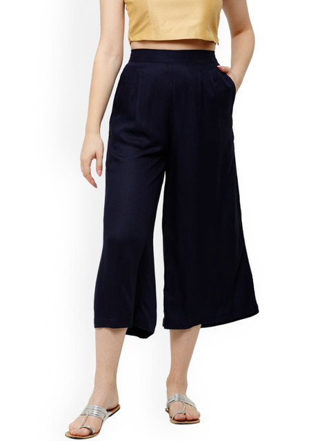 

De Moza Women Navy Blue Solid Cropped Wide Leg Palazzos
