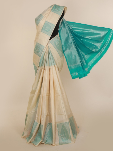 

Pothys Cream-Coloured & Green Pure Silk Woven Design Kanjeevaram Saree
