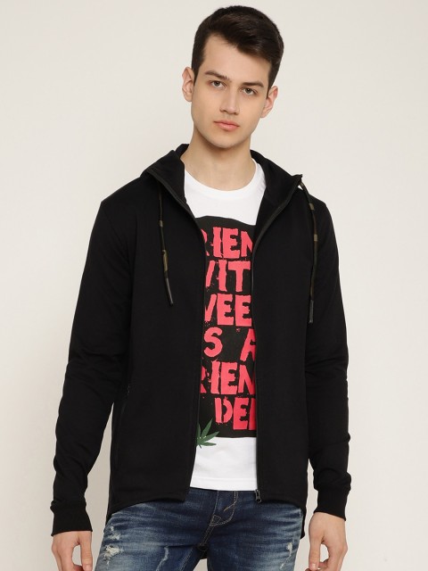 

PUNK Men Black Solid Hooded Sweatshirt