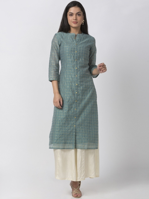 

Ethnicity Women Blue Checked Straight Kurta