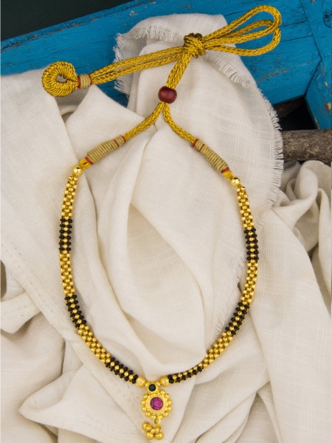

Alankruthi Gold-Toned & Black Ruby-Studded Beaded Thushi Necklace