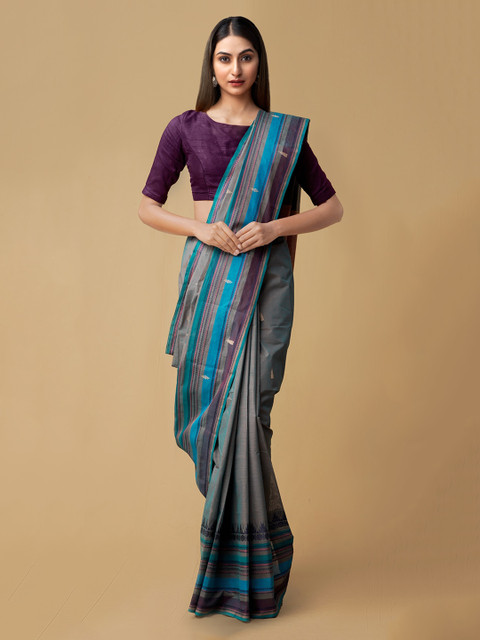 

Unnati Silks Blue Pure Cotton Striped Handloom Chettinad Saree