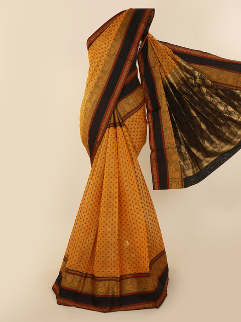 

Pothys Mustard Yellow & Black Silk Cotton Printed Saree