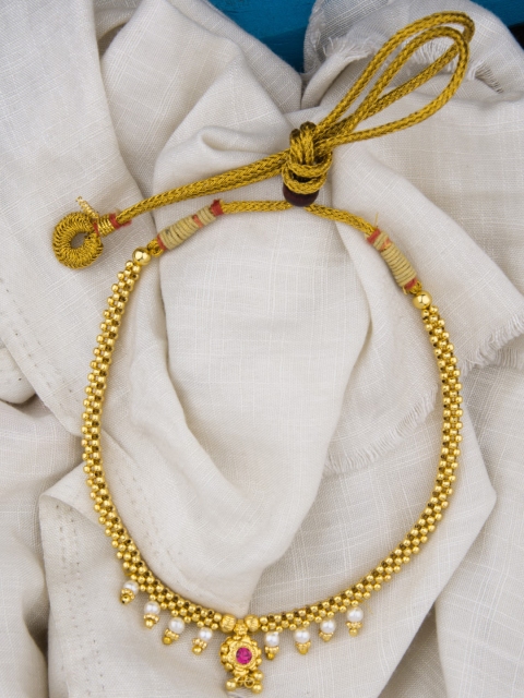 

Alankruthi Gold-Toned & Pink Ruby-Studded Beaded Thushi Necklace
