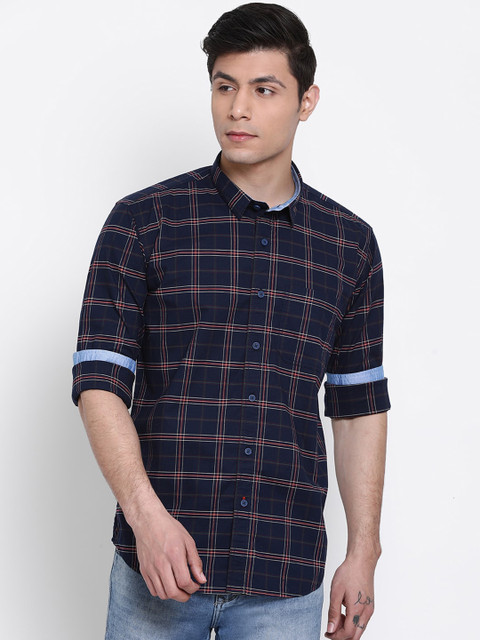 

COBB Men Navy Blue & Navy Blue Slim Fit Checked Casual Shirt