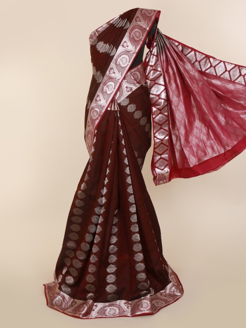 

Pothys Brown & Silver-Toned Pure Silk Woven Design Kanjeevaram Saree
