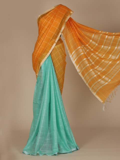 

Pothys Mustard Yellow & Turquoise Blue Pure Linen Checked Saree