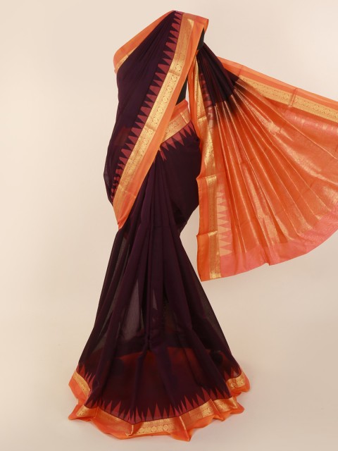 

Pothys Burgundy & Orange Silk Cotton Solid Saree