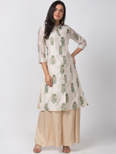 

Ethnicity Women Off-White Floral Printed Straight Kurta