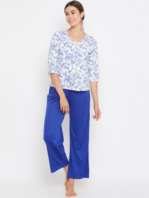 

Clovia Women White & Blue Floral Printed Night Suit