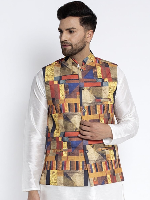 

Benstoke Men Yellow & Red Woven Printed Nehru Jacket