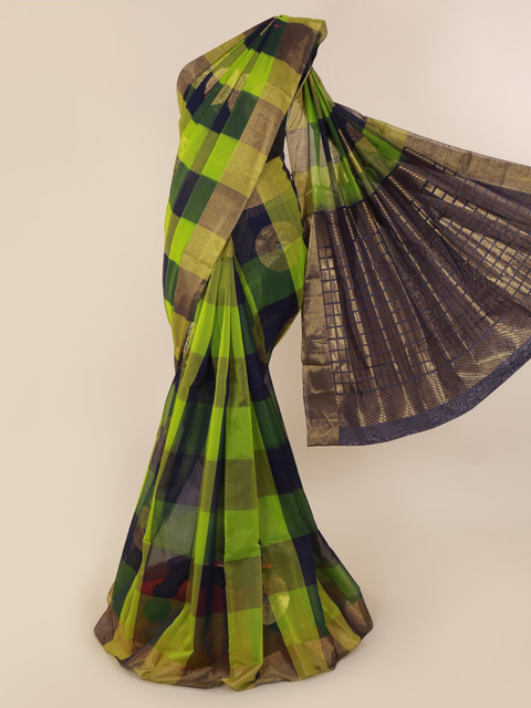 

Pothys Green & Navy Blue Silk Cotton Checked Saree