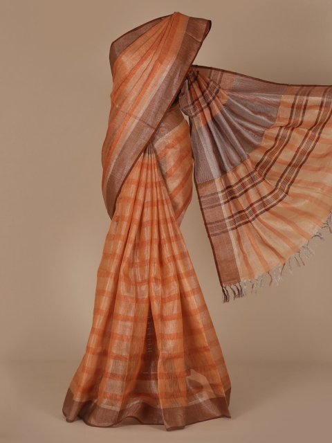 

Pothys Brown & Orange Pure Linen Striped Saree