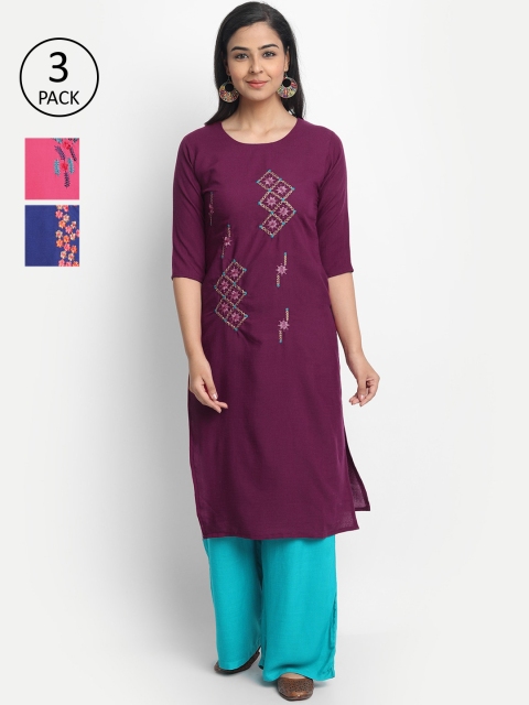 

7Threads Women Multicoloured Pack of 3 Embroidered Straight Kurta, Multi