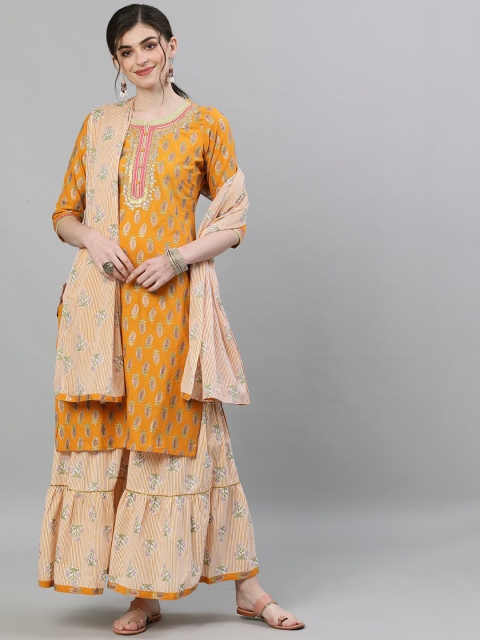 

Ishin Women Mustard Yellow & Off-White Printed Kurta with Sharara & Dupatta