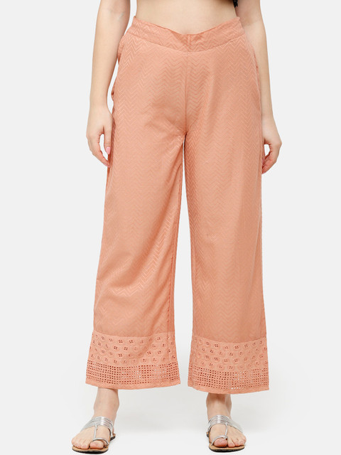 

De Moza Women Peach-Coloured Hem-Design Wide Leg Palazzos