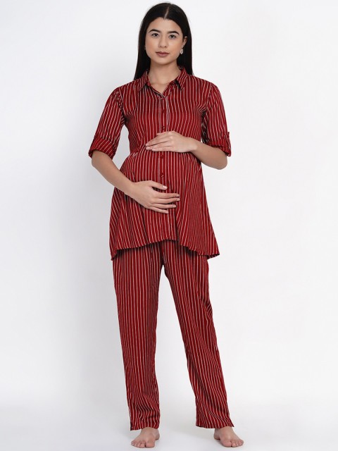 

Mine4Nine Women Maroon Striped Maternity Night Suit