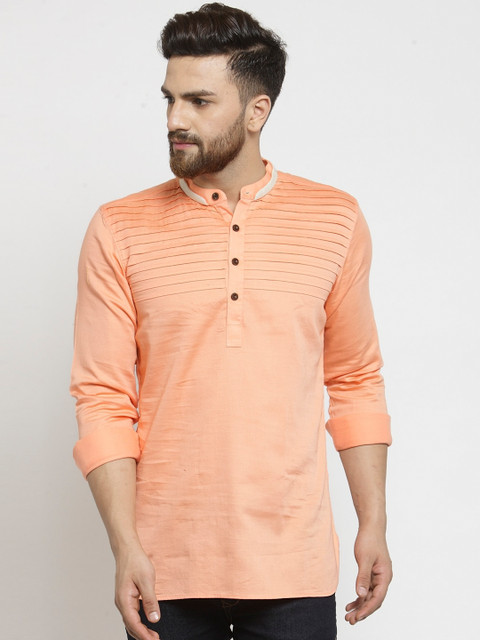 

RG DESIGNERS Men Peach-Coloured Embroidered Straight Kurta