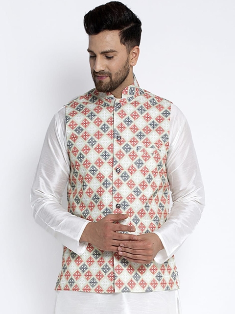 

Benstoke Men White & Red Printed Woven Nehru Jacket