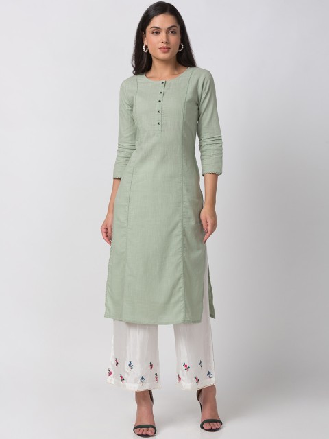 

Ethnicity Women Green Solid Straight Kurta