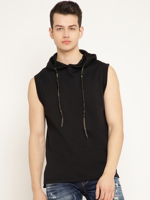 

PUNK Men Black Solid Hooded Sweatshirt