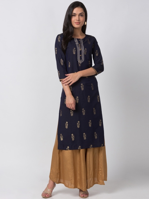 

Ethnicity Women Navy Blue Printed Straight Kurta