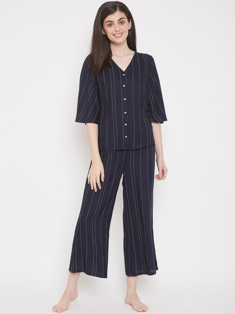 

Clovia Women Navy Blue & White Striped Night Suit
