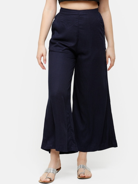 

De Moza Women Navy Blue & White Polka Dot Print Wide Leg Palazzos