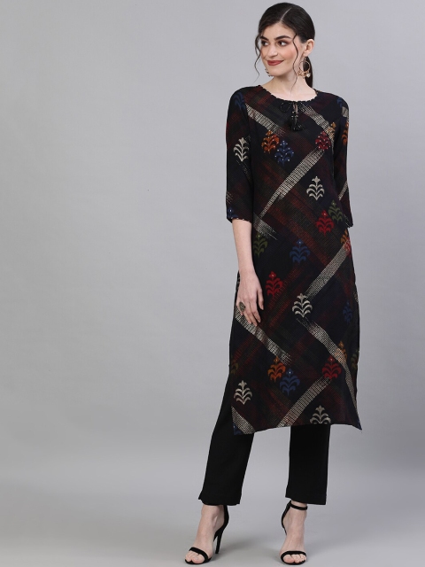 

Ishin Women Black & Red Woven Design Kurta with Trousers