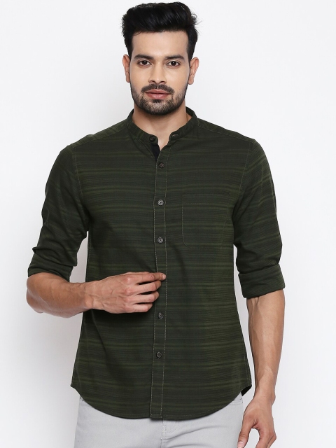 

Urban Ranger by pantaloons Men Olive Green Slim Fit Striped Casual Shirt